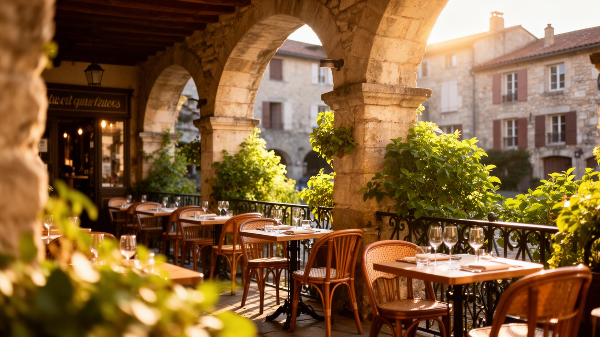 Terrasse du P'tit Bistrot sur la Place d'Armes de Navarrenx au coucher du soleil